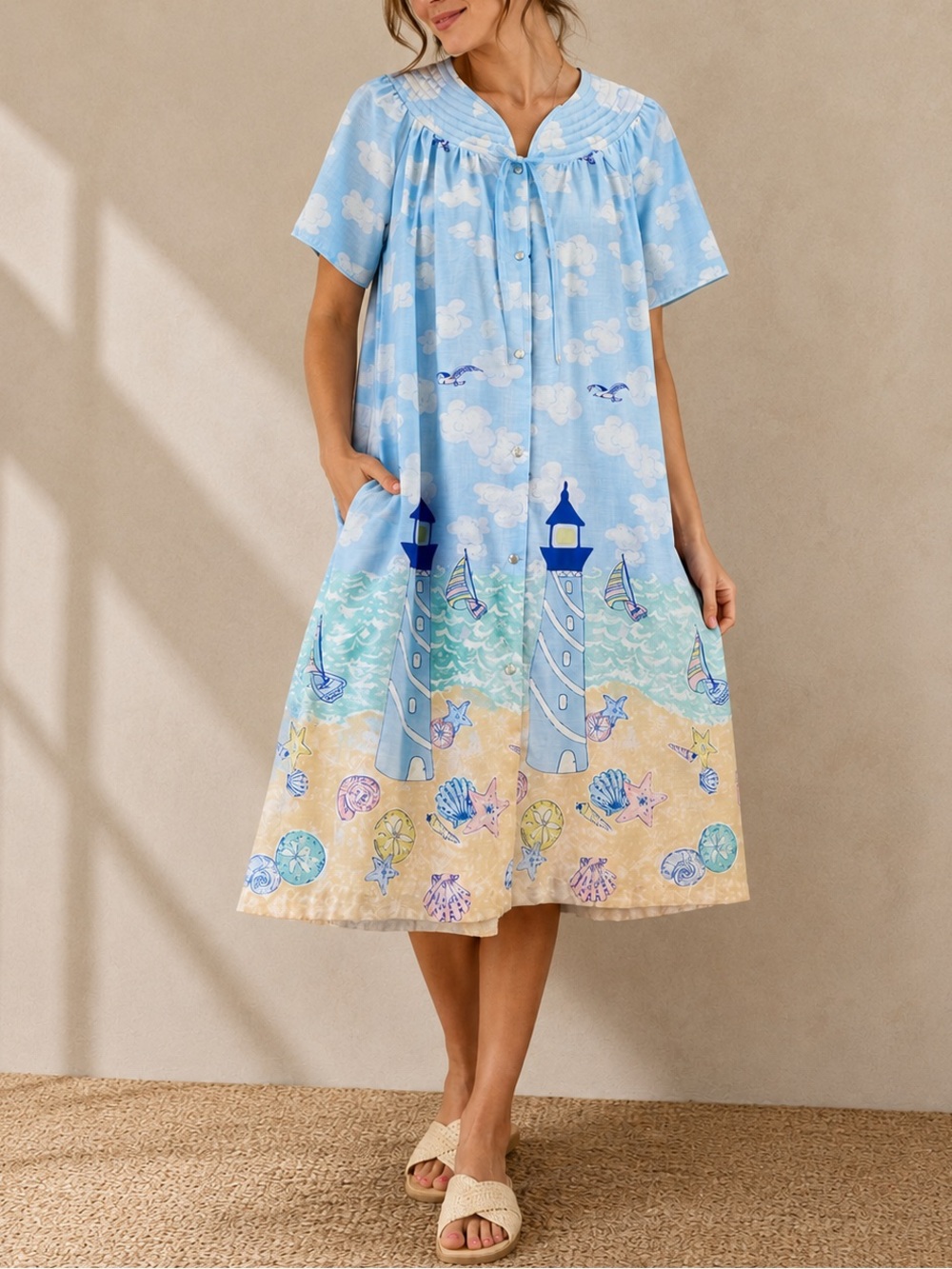 Madison’s Best Vintage Lighthouse Beach Coastal Novelty Print House Dress M